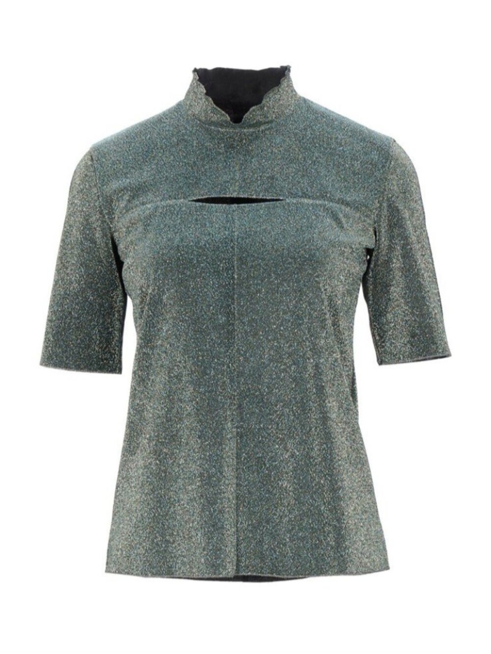 Golden Goose Mock Neck Short Sleeve Top Peekaboo Cutout Shimmer Green Metallic